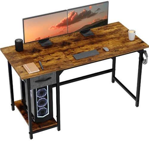 Devoko Schreibtisch Klein Tisch mit Schubladen, Bürotisch mit Kopfhörer Haken, Study Table, Computertisch Klein für Home Office, Aufbewahrungstasche,Vintage Braun 100cm