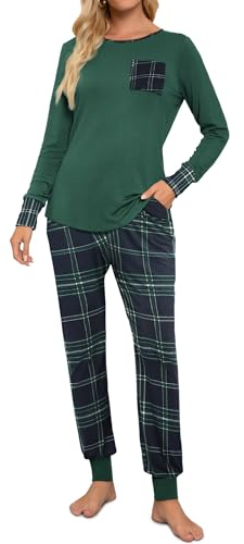 Fuakesor Damen Schlafanzug Lang Pyjama Set Herbst Winter Nachtwäsche Zweiteiliger Sleepwear Soft Loungewear Hausanzug mit Karierte Hose (Grün, Medium)