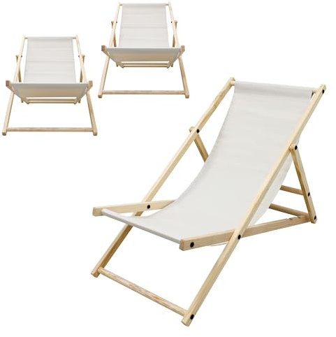 ECD Germany 3er Set Liegestuhl klappbar, Beige, aus Holz, verstellbare Rückenlehne, 3 Positionen, bis 120kg, Sonnenliege Gartenliege Strandliege Strandstuhl Holzklappstuhl, für Garten, Balkon & Strand