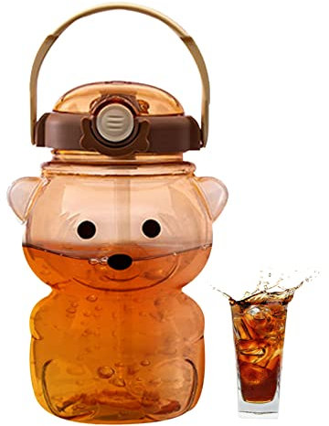 Neroyaner Botella de Agua con Forma de Oso Linda Botella de Agua con Pajita y Pegatinas sin Bpa a Prueba de Fugas para Beber de 1000 ml con Correa para niñas Escuela café de con Forma Oso