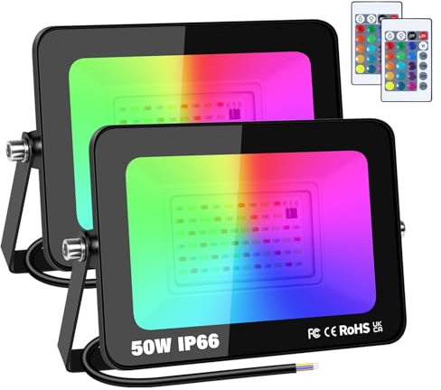 YOJZMA 2 x 50W RGB Proiettore LED da Esterno con Telecomando, 16 Colori 4 Modalità Funzione di Memoria Proiettore da Esterno per Interni, Faretto LED Impermeabile IP66 per Giardino, Patio Terrazza