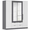 Rauch Möbel Belfast Kleiderschrank, Schrank, Garderobe, Organizer, 4-türig, mit Spiegel, 4 Schubladen, Farbe Weiß/Grau metallic, Schwarz, Kurze Griffleisten Grau metallic, 181x197x54cm