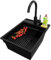 PRIMAGRAN Fregadero Granito Todo Negro 38x53cm, Fregadero Cocina 1 Seno + Sifón + Grifo 32x20cm + Enrollable Escurridor, Fregadero sobre encimera al mueble 40cm - Oslo Pocket