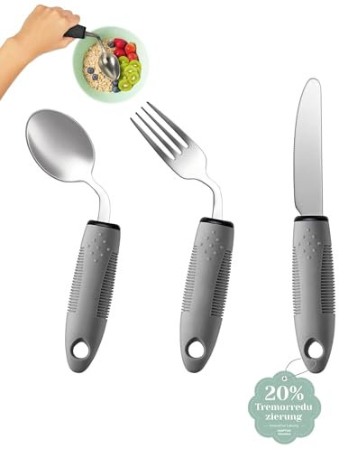 CuraVita Ensemble de Couverts Adaptés (3 Pièces) - Angle de 42°, Couverts Lestés 85g pour Parkinson, Tremblements et Arthrite - Aide à l'Alimentation Ergonomique Facile à Saisir (Droitier)