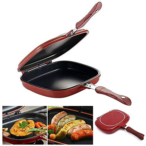 Doppelseitige tragbare BBQ-Grillpfanne, Antihaft-Doppel-Omelettpfanne Flip, Doppelpfanne Mehrzweck, quadratische Pfanne Jumbo Grill Kochgeschirr für innen und außen gekochtes Huhn, Fisch, Steak - Rot