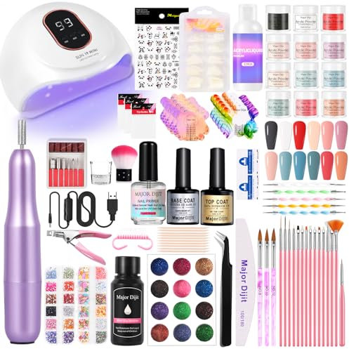 Kit d'ongles en acrylique - 12 couleurs - Poudre acrylique avec ponceuse à ongles - Primer et lampe UV - Pour ongles en gel - Kit de démarrage - Kit de démarrage - Design d'ongles