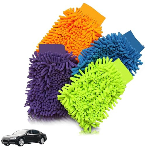 4 Stück Waschhandschuh Auto Set Mikrofasertücher für Auto Waschen Reinigung von Autos, Glänzende Oberflächen für Fahrzeuge, Motorräder, Möbel AutoWäsche Set