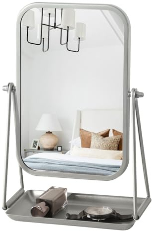 Gosider Dressing Table Mirror with Storage Rectangule Silver Vanity Mirror | Small Desk Table Mirror with Stand, Iron Frame, 360° Rotation Adjustable, Portable, HD, for Office Dorm Bedroom Bathroom