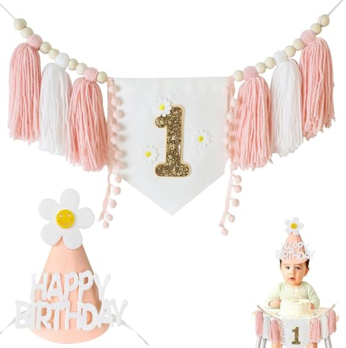 VYNZOR Hochstuhl Banner, 1. Geburtstags Hochstuhlbanner, Geburtstagsdeko 1 Jahr, Vintage Leinen Girlande für Mädchen & Jungen, für Baby Party und Dusche, DIY Dekoration,Enthält eine Pomponmütze,Rosa