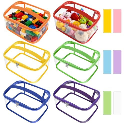 Yocdunm 6 Pcs Toy Storage Bags-Clear PVC Organizing Bags with Sticker Waterproof Toy Container with Handle-Travel Case Pouch for Building Blocks, Puzzle, Balls, Pretend Play Toys (Multicolor)