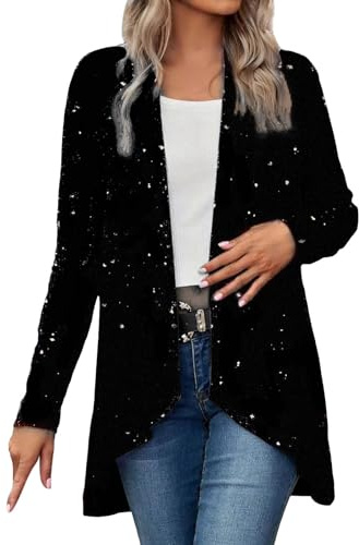 Weihnachten Pailletten Jacke Damen Langarm Offen, Glänzende Glitzer Blazer Elegant, Festliche Party Dünne Cardigan, Herbstjacke Unregelmäßig, Disco Bomber Jacken Einfarbige, Party Outfit Damen