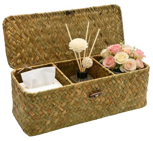 Ollanoos Seagrass Storage Basket with Lid, Rectangular Woven Organizer with 3 Compartments, Ideal for Snacks Toys and Bathroom Essentials