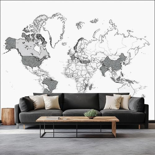 Vlies Fototapete 150 x 105 cm (B x H), Wandtapete Minimalistisch Modern Weltkarte Handgezeichnet Motivtapeten Bildtapete für Schlafzimmer Wohnzimmer - Weiß Panorama Tapete Wand Dekoration