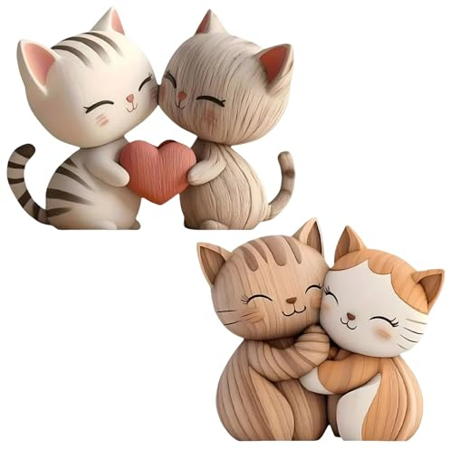 KEORHEZ 2 Pièces Figurine De Couple De Chats en Bois 2D,Fantaisiste Statues De Chats,Sculpture De Chat,Parfait pour Les Étagères,Les Bureaux,Le pour Les Amoureux des Chat