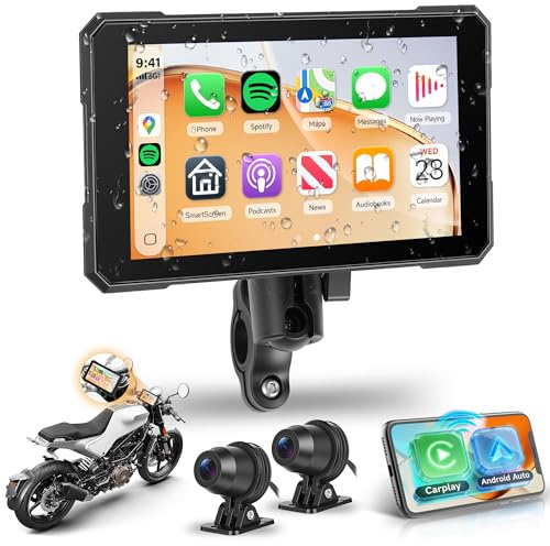 Rimoody Portatile Wireless Carplay Display Motociclo con Dashcam 2 Telecamera Fronte e Retro, 5 Pollici Touchscreen Carplay Android Auto Schermo per Motorbike con App/Bluetooth/IP68 étanche/GPS Navi