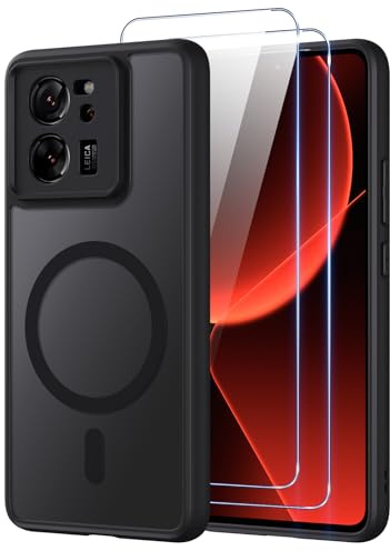 Oelrstfe para Xiaomi 13T / 13T Pro 5G Funda Compatible con MagSafe con 2 Piezas Protector Pantalla Cristal Templado, [Protección de Cámara] Magnética Translúcida Trasera Antigolpes Case, Negro