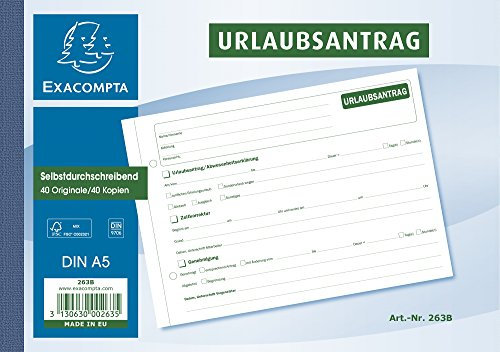 Exacompta 263B 2er Pack Urlaubsantrag DIN A5, 2 Blöcke á 40 Blatt, selbstdurchschreibend, Urlaubsanträge, Abwesenheitsantrag ideal für Ihr Untern