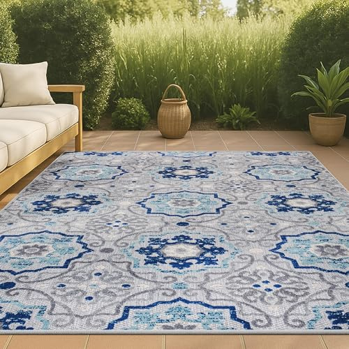 JONATHAN Y AMC101A-8 Mediterraner Medaillon-Teppich für den Indoor Outdoor Bereich, Bohemian Floral, pflegeleicht, Schlafzimmer, Küche, Garten, Terrasse, Veranda, unempfindlich, 240x300 cm, blau/grau