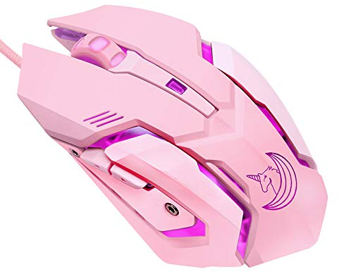 Ratón para juegos de color rosa, silencioso, retroiluminación LED, ratón óptico ergonómico con cable USB, compatible con ordenador portátil, 7 botones, 4 DPI ajustables