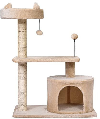 PawHut Cat Tree for Indoor Cats with Scratching Post Climbing Tower Kitty Activity Center Condo Perch Jumping Platforms Beige 61L x 41W x 81H cm