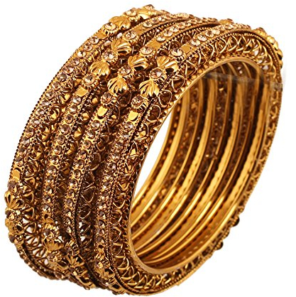 Touchstone „Golden Armreif-Kollektion“ Indischer Bollywood-Ethno-Armreif mit filigranen gelben Strasssteinen, Designer-Schmuck, Metallarmreifen in antikem Goldton für Frauen. 4er-Set.