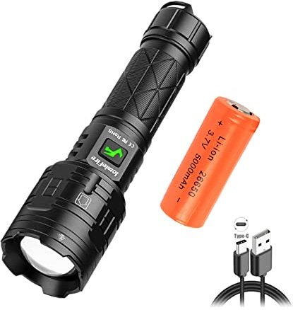 Lampe Torche LED Ultra Puissante Rechargeable, Torche Tactique Militaire 30000 Lumens avec Fonction de Sortie D'alimentation, Lampe de Poche Zoomable étanche à 5 Modes, Incluse Batterie 5000 mAh