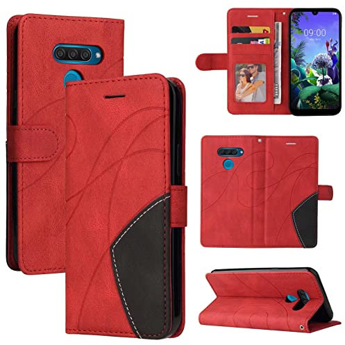 Ttianfa Funda para LG Q60 Billetera [3 Ranura para Tarjeta+Cartera] [Cierre magnética] [Soporte Plegable] Correa de Mano 360° Protección Shockproof 2&Protector de Pantalla,Rojo