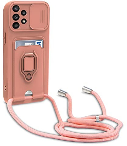 yanasuo Schiebe Kameraschutz Silikon Handykette Hülle kompatibel mit Samsung Galaxy A53 5G, Metall Ring Halter Handy Cover,Verstellbarer Halskette Handyhülle-Pink