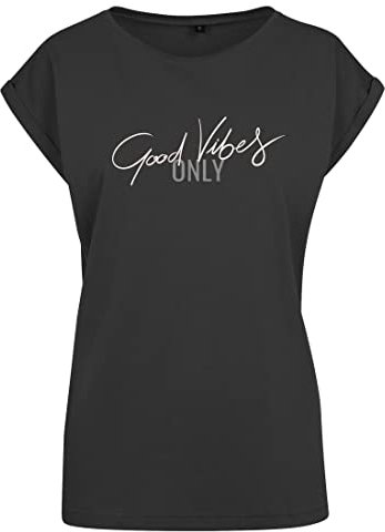 Roughtex Damen T-Shirt „Good Vibes Only“ - Relaxed Fit - Flexdruck Metallic - Shirt mit Statement Spruch Schwarz Bronzemetallic M