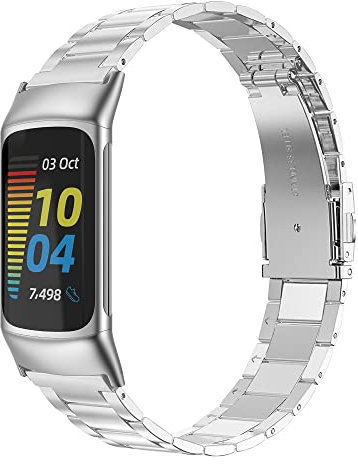 Wearlizer Kompatibel mit Fitbit Charge 6/Charge 5 Armband, Metall Edelstahl Slim Lightweight Business Ersatz für Charge 6/Charge 5 Activity Tracker Damen, Silber
