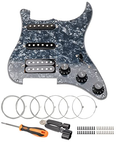 Unxuey Schlagbrett für E-Gitarre, 3-lagig, SSH beladen, vorverdrahtet, Humbucker-Schlagbrett, Schlagplatte-Set für Gitarre, Black Pearl, mit Alnico Tonabnehmer, Gitarrensaiten und Montagewerkzeug