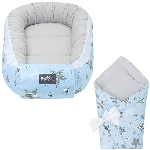 Bellochi Set 2in1 Babynest und Einschlagdecke, Baby Nestchen Set, Babynestchen - Baby Erstausstattung Babynestchen Neugeborene, Baby nestchen Junge - mädchen 100% Baumwolle - Rigel Star