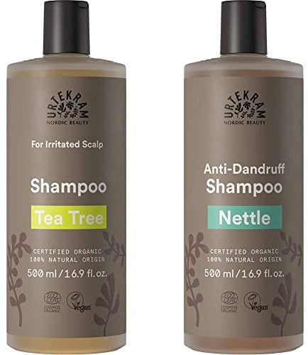 Urtekram Champú de Arbol de Té para Cuero Cabelludo Irritado - 500 ml + Champú de Ortiga Anticaspa - 500 ml