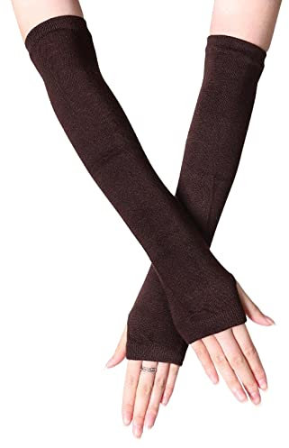 B-HOT Warmer Fingerless Gloves Stretchy Knit Thumb Hole Sun Protection Long Arm Solid Color Glove Coffee