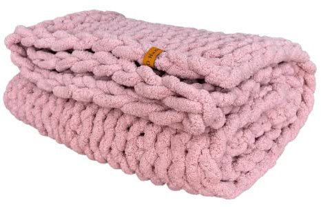J&D Handmade™ - Chunky Knit Blanket - Kuscheldecke für Bett, Sofa, Sessel (110x180cm) - schöne Heimdekoration, weiches veganes Chenille-Garn, Tagesdecke (Altrosa)