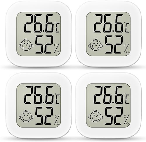 Ainiv Igrometro Termometro Digitale, 4 Pezzi Mini Igrometro Termometro con Emoji per Interni, Termometro Ambiente LCD, Monitor di Temperatura e umidità per Casa, Serra, Stanza, Ufficio, Bianca