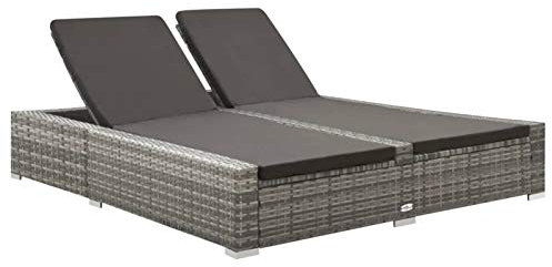 Gecheer Doppel Sonnenliege mit Auflage Doppelliege Gartenliege Relaxliege Gartenmöbel Liege Rattanmöbel Strandliege Poly Rattan Grau
