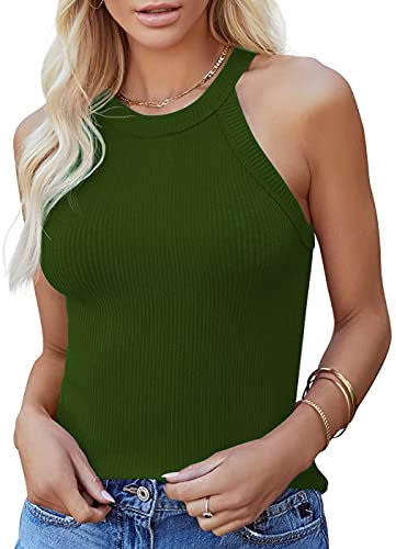 Irypulse Camiseta Sin Mangas Mujer Cuello Redondo Delgadas Informal Tank Top Suave Transpirable Sexy Verano (B- Verde Militar-L)