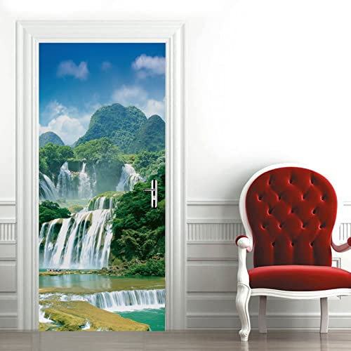 A.Monamour Sticker Porte Autocollant Poster De Porte 3D Cascades De Ban Gioc Dans Le Paysage Naturel De La Forêt Vinyle Affiche De Porte Sticker Mural Papier Peint Art Décor 85 x 215 cm