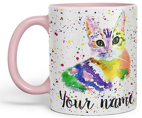 Vixar Personalised with Your Text Cat Kitten Feline Pet Animals Watercolour Art Coloured Ceramic Mug Cup Gift 330ml 11oz Custom Work Office Tea Coffee (Pink)