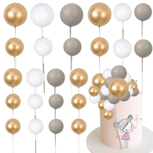 Gyufise 30Pcs Ball Cake Toppers Balls Cupcake Toppers Insert Foam Ball Cake Picks Mini Balloon Cake Decoration for Wedding Baby Shower Birthday Party Cake Decorations Supplies Dark Grey Gold White