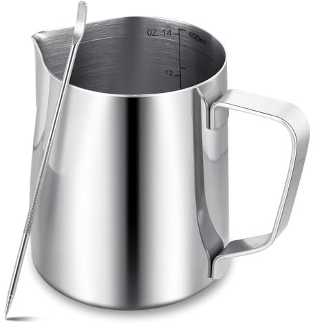 Milk Frother Jug,400ml/14oz Milk Jug with Latte Decorating Art Pen,Metal Barista Milk Frothing Pitcher Cup for Coffee Machine(Silver)