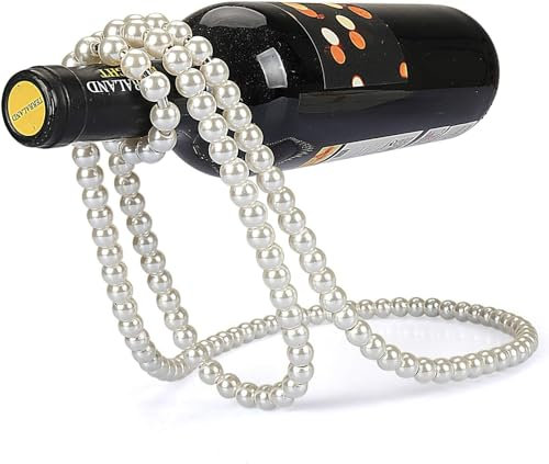 STANDOUTELROAL (White) Artificial Pearl Necklace Floating Wine Rack, Metal Wine Bottle Holder, Wine Bottle Stand for Bar and Home Decoration