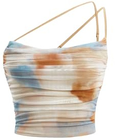 Floerns Women's Tie Dye Spaghetti Strap Cut Out One Shoulder Ruched Crop Cami Top Apricot XS