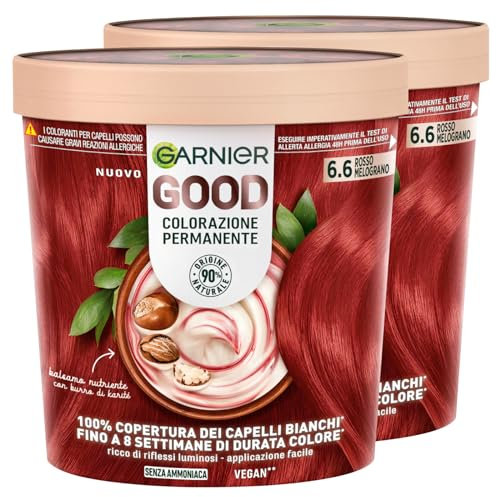 Garnier Good Tinta Colorazione Permanente Fino a 8 Settimane Colore Brillante e Luminoso Copre il 100% dei Capelli Bianchi Formula Vegana Senza Ammoniaca 6.6 Rosso Melograno - 2 Confezioni