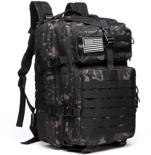Thuram 50L Nylon Durevole Impermeabile Pesca Caccia Zaino Outdoor Militare Zaini Tattici Sport Campeggio Escursioni Borse, Nero mimetico., 50 cm (L)