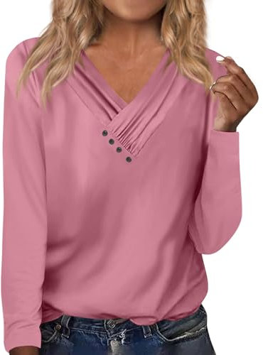 Musselin Bluse Damen Lässig V Ausschnitt Oberteile Urlaub Must Have Locker Langarm Tshirt Drucke Knopf Bluse Vintage 2024 Mode Hemdbluse Elegant Shirt Casual Langarmshirt (6-Pink,S)