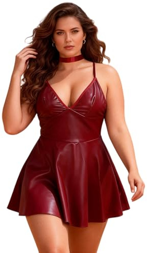 ohmydear Vestido de Piel para Mujer Lencería Sexy para Sexo Línea A Vestido de Fiesta para Mujer Faldas de Aspecto Mojado Babydoll de Piel Sintética Ropa Interior Cuero Sexy Elegante