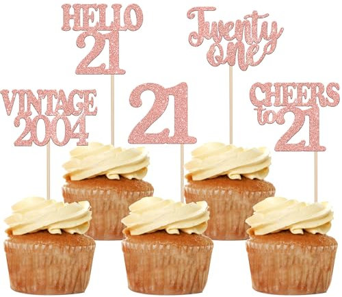 30 Pack Happy 21st Birthday Cupcake Toppers Glitter Hello 21 Twenty One Vintage 2004 Cupcake Picks Cheers to 21 Birthday Party Decorations for 21st Birthday Anniversary Party Cake Decorations