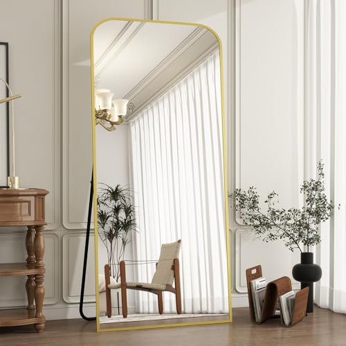Koonmi Top Gebogene Ecken Standspiegel 76x171 cm, Ganzkörperspiegel bruchsicher Boden Körper Spiegel in voller Länge Modern Wundervoll für Wohnzimmer Schlafzimmer Flur, Gold